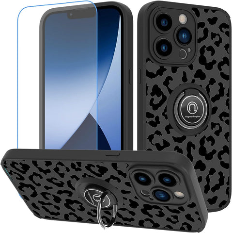 IPhone 14 Pro Max Case by Bonoma Black Leopard/Cheetah Heavy Duty, Magnetic Ring Stand